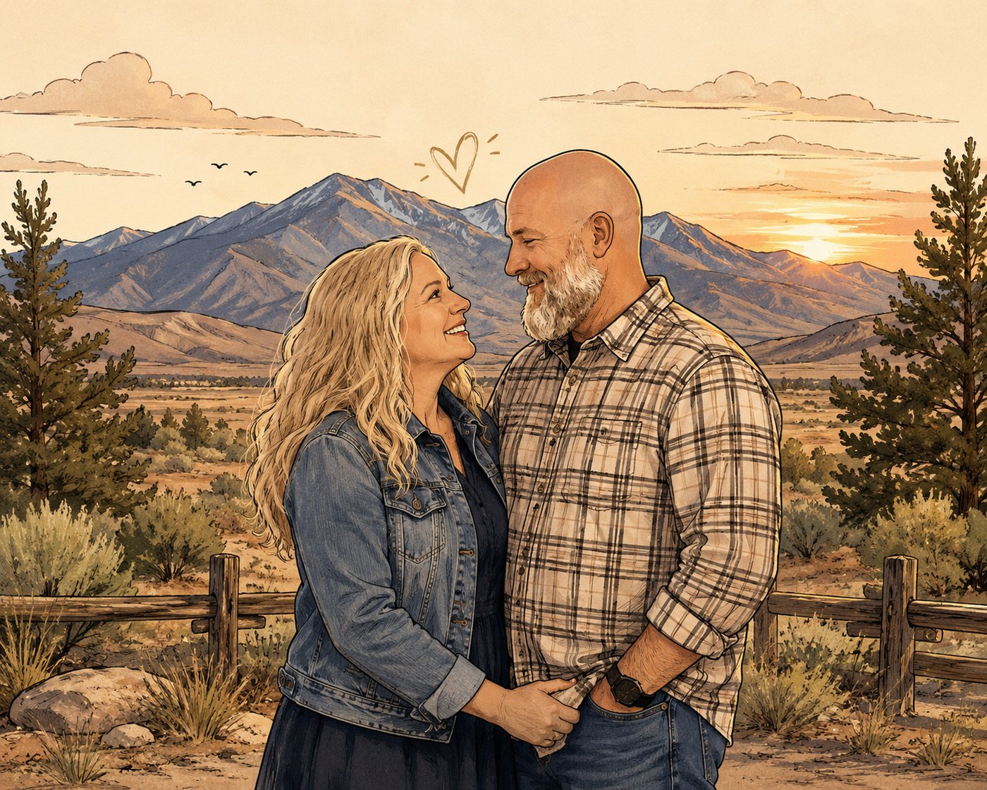 Justin and Leanna, smiling at each other at sunset, with mountains and sagebrush behind them